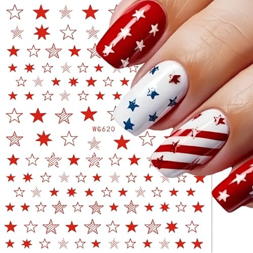 12 Sheets White Blue Red Star Nail Art Stickers 3D Self Blue White Red Star