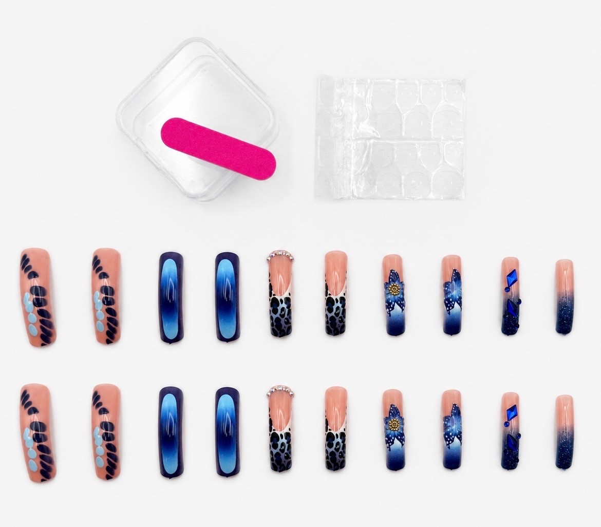 Midnight Bloom Press-On Nail Sets – Blue & Nude Shimmer Ombre Rhinestone Florals