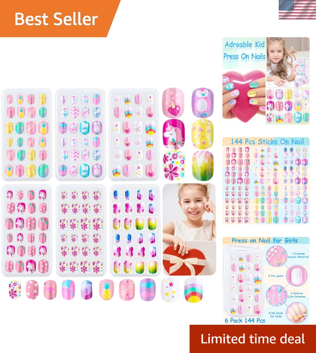 Kids Safe Press-On Nail Set – 144 Full Cover Rainbow Tips for Nail Art Fun