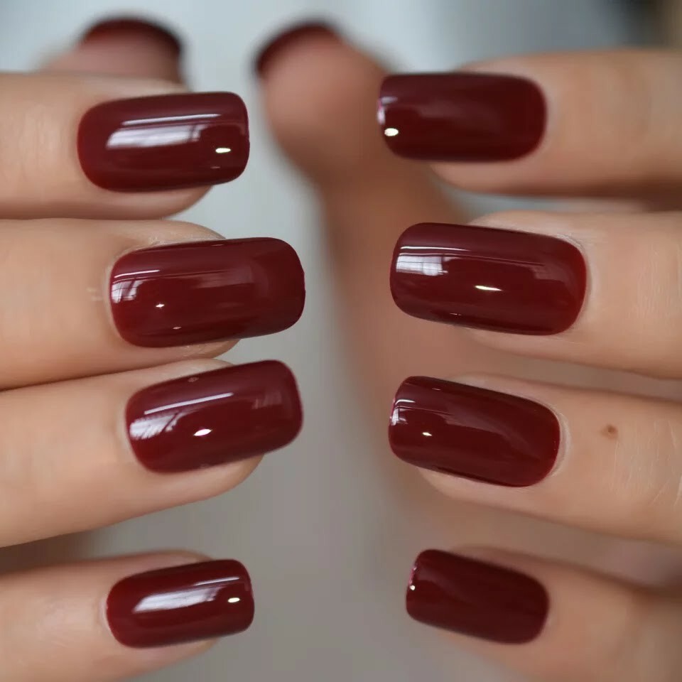 24 Square Cherry Glaze Press on nails kit Glue Dark red burgundy maroon