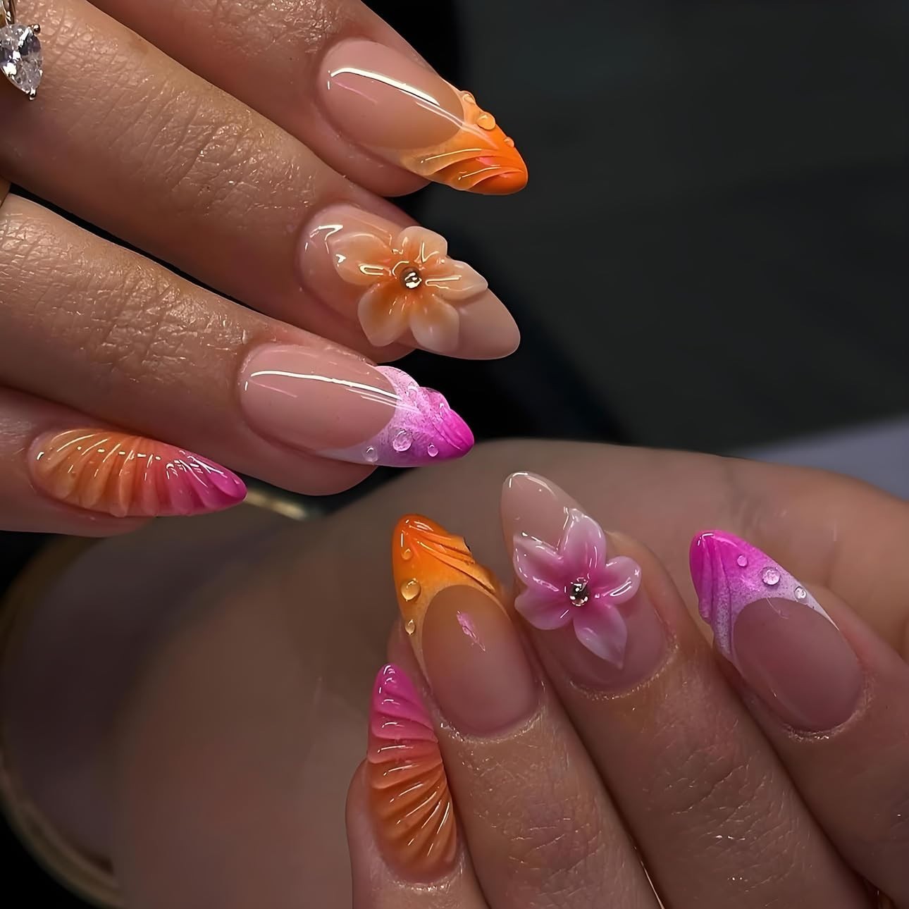 Elegant Medium Almond Press On Nails – 24Pcs Glossy Finish with 3D Floral Art