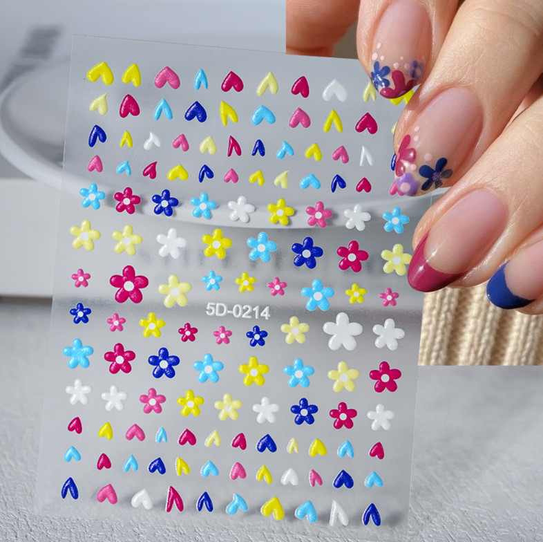 5D Embossed Nail Stickers Daisy Heart Flower Bow Engraved Adhesive Peel NH27