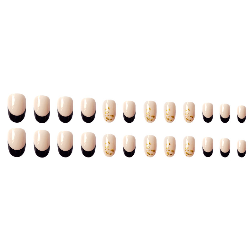 48 Pcs Nude Black Gold Foil Press on Nails, Short Oval French Style Fake Nails