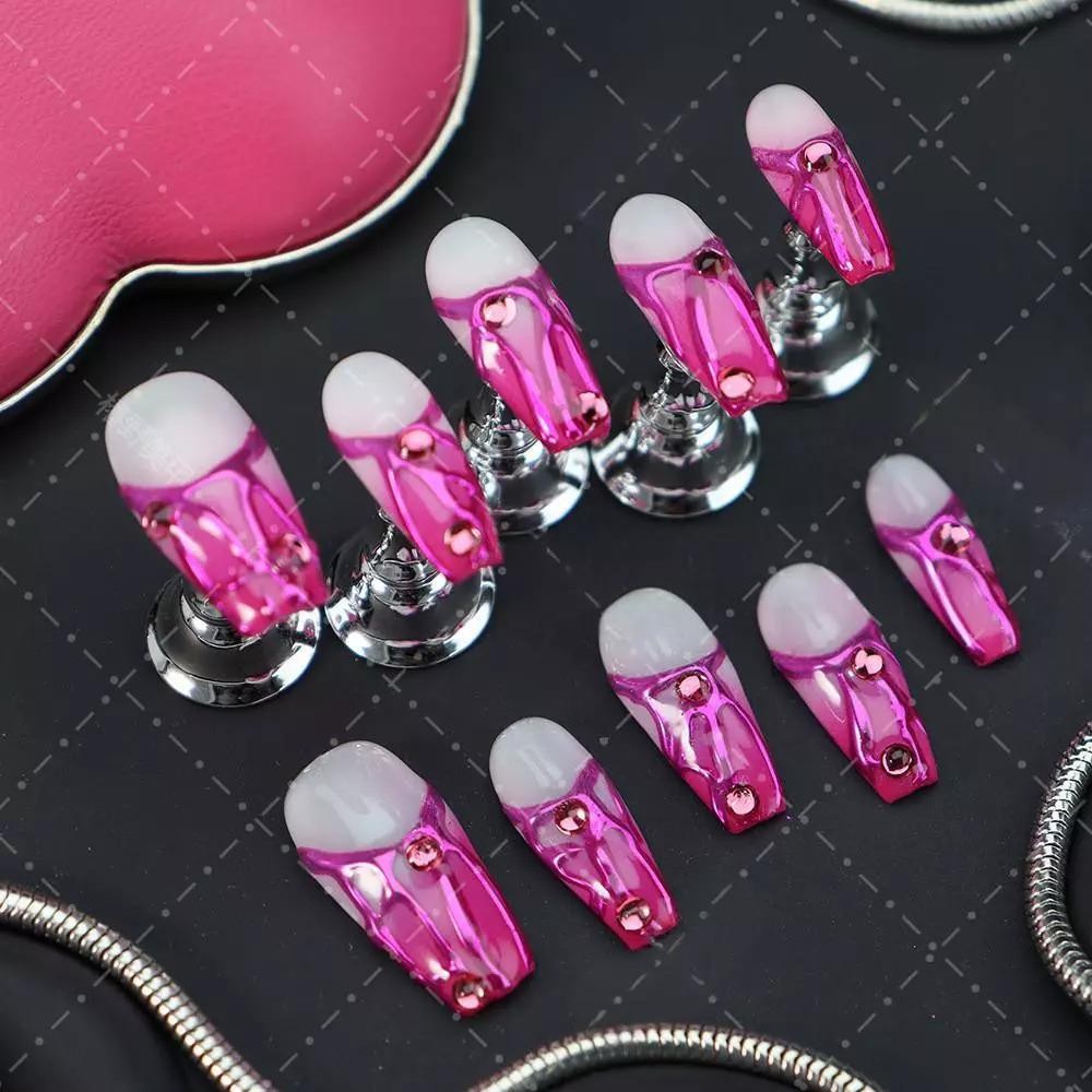 Handmade Coffin False Nail Gradient Rose Red Line Diamond Press On Nail