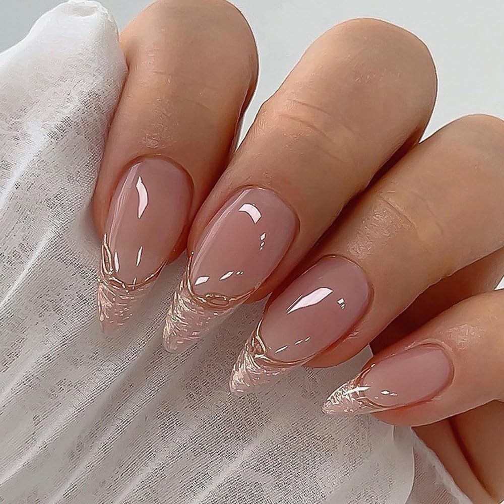 French Tip Press on Nails Almond Short Medium Nude Fake Nail with Glitter Gol…