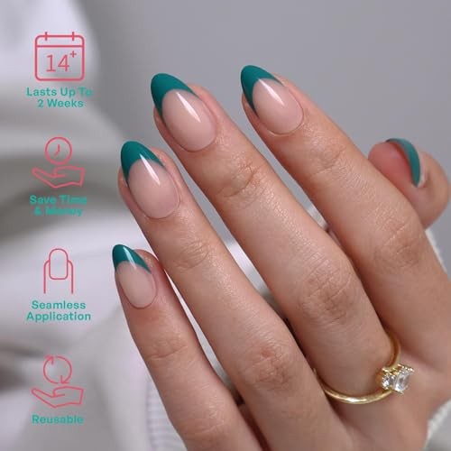 Transformative Teal French Tip Press On Nails Christmas – Almond 1-Turquoise