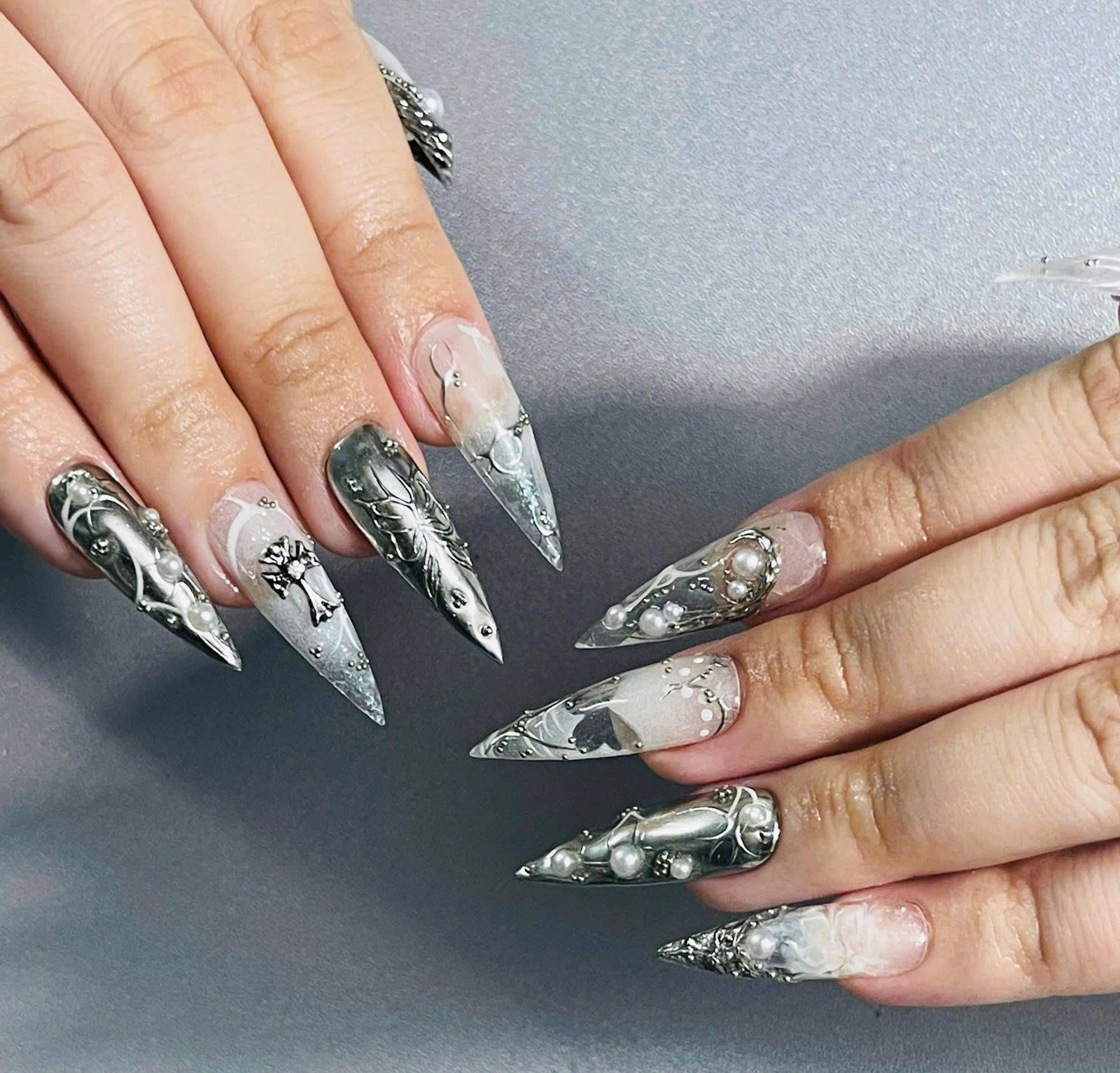 Handmade Custom Y2K Silver Metal Cross Butterfly Pearl Stiletto Press on Nails