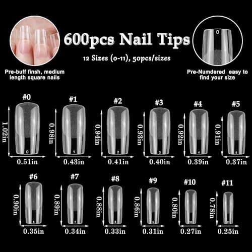 600pcs Square Nail Tips, Medium Square Gel X Nail Tips Clear E-Medium Sqaure