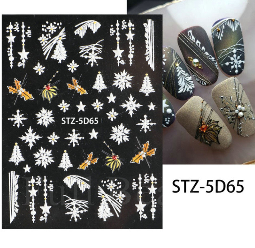 5D Adhesive Embossed Nail Sticker Decal Snowflake Star Christmas Tree Holly 5D65