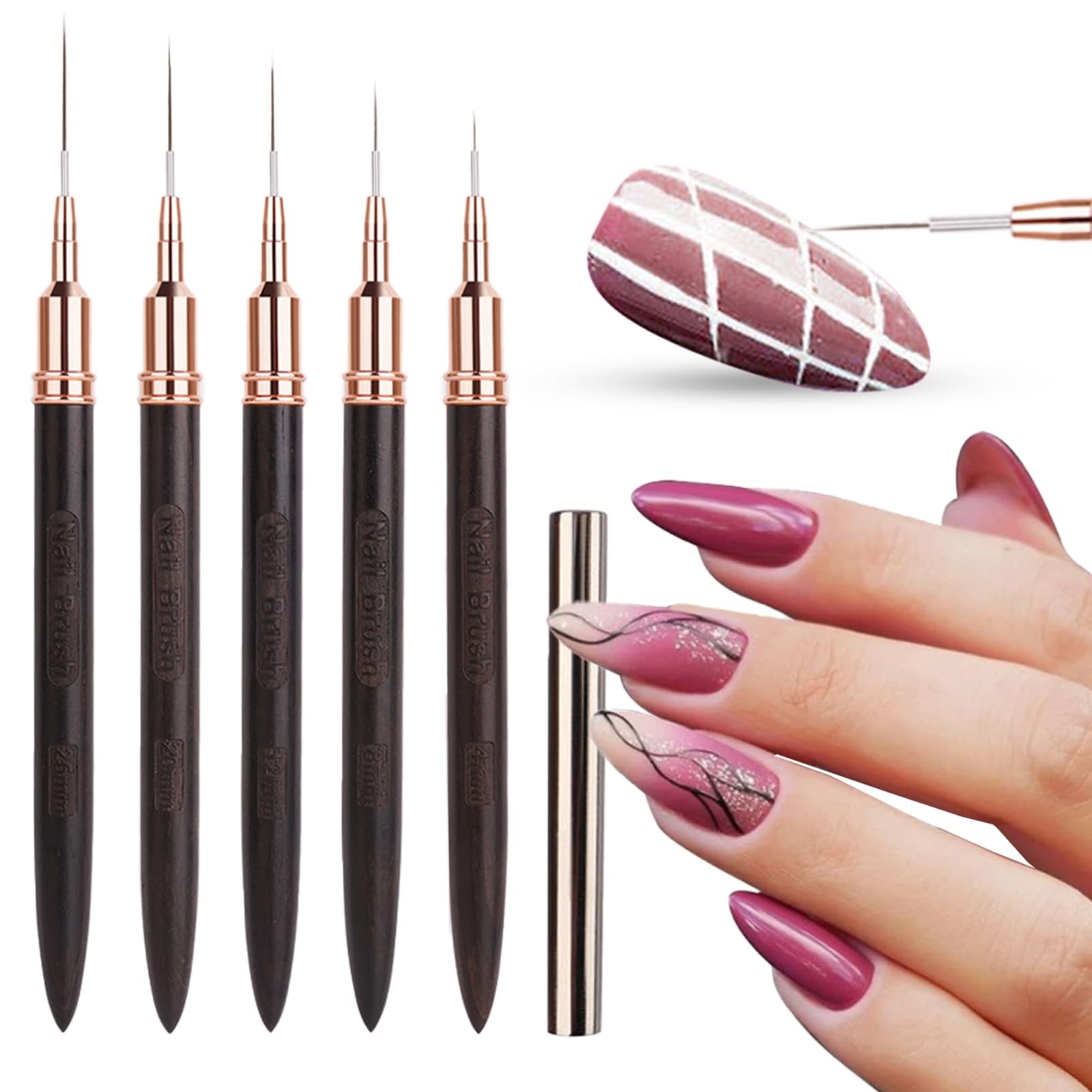 5 Pcs Black Wood Nail Art Liner Brushes Details Painting Nail Art Design Brus…