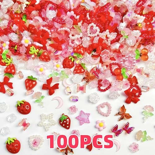 100pcs 3D Pink Red Strawberry Flower Nail Charms Cherry Rose Camellia pink