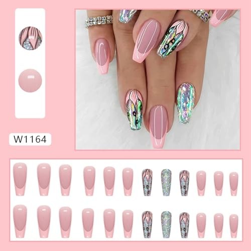 Coffin Press on Nails Medium Dark Pink French Tip Fake Nails Glitter Flower