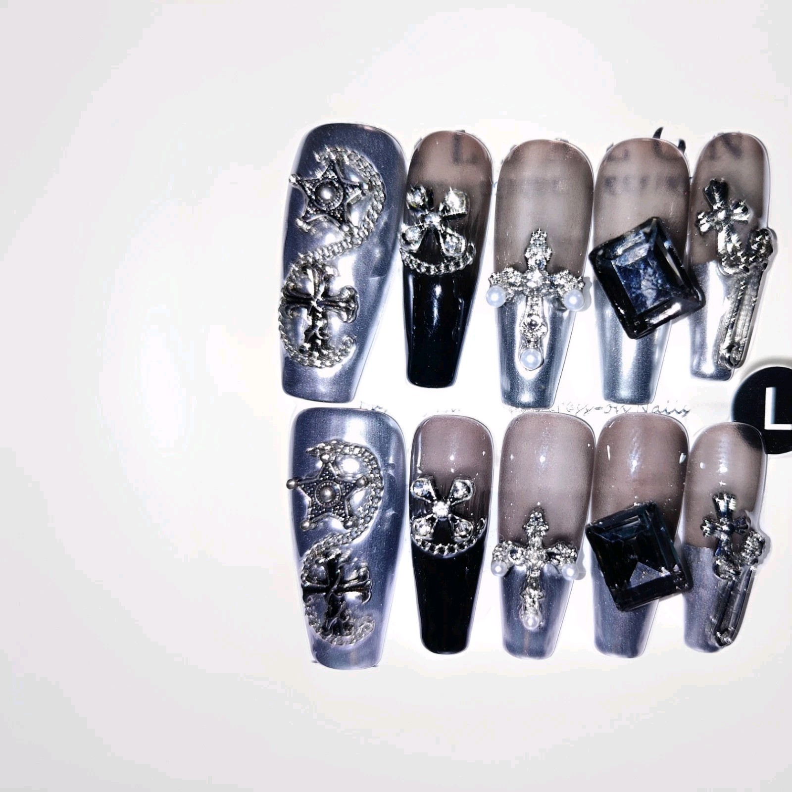 Silver Black Brown 3D Cross Star Gem Long Square Press-On Nails