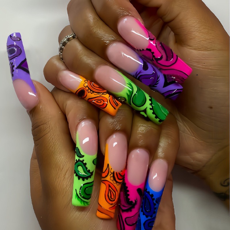 48pcs-Colorful Paisley Press on Nail, Long Coffin French Tip Acrylic False Nails