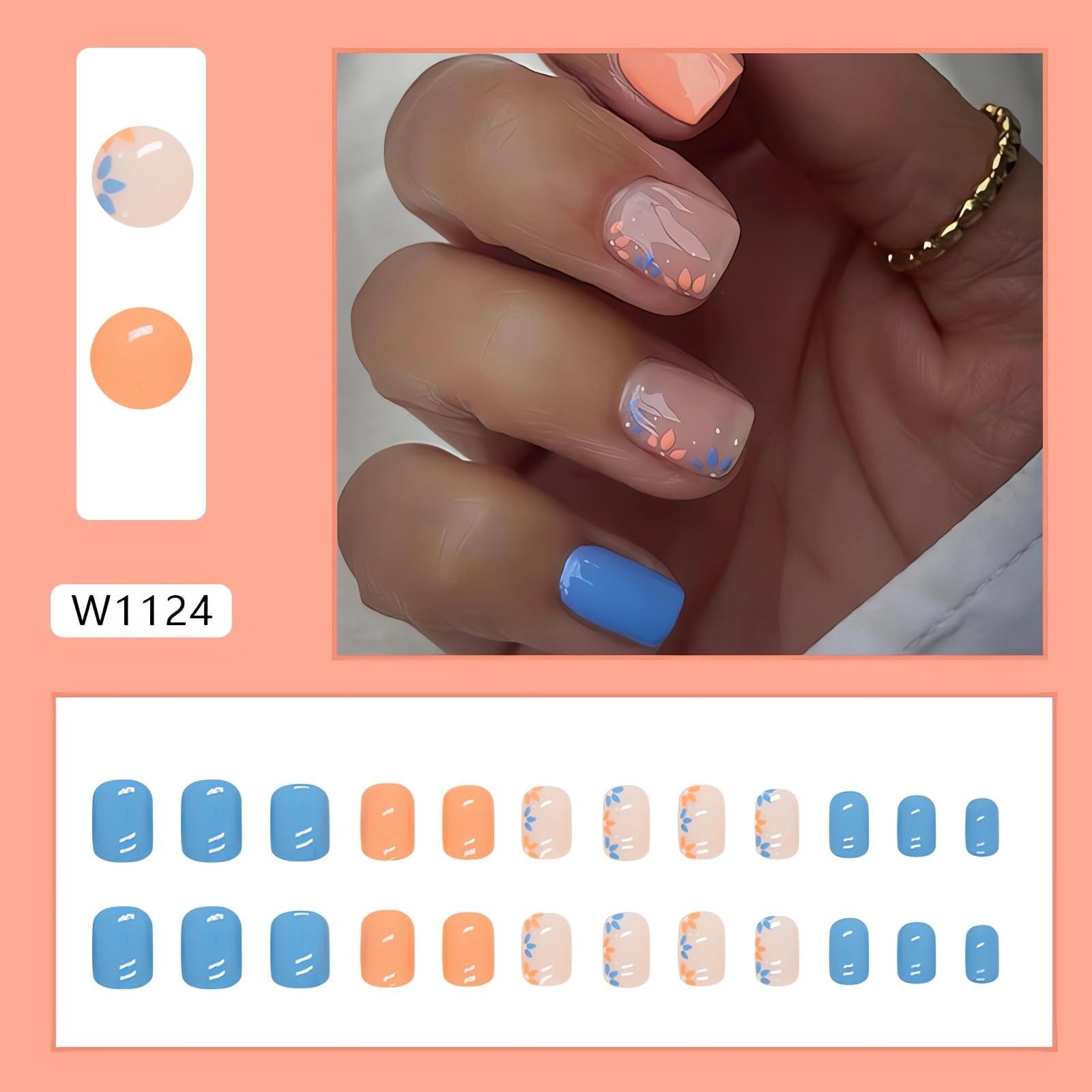 Short Press on Nails Square Fake Nails Blue Orange Flowers Glue on Nails Spri…