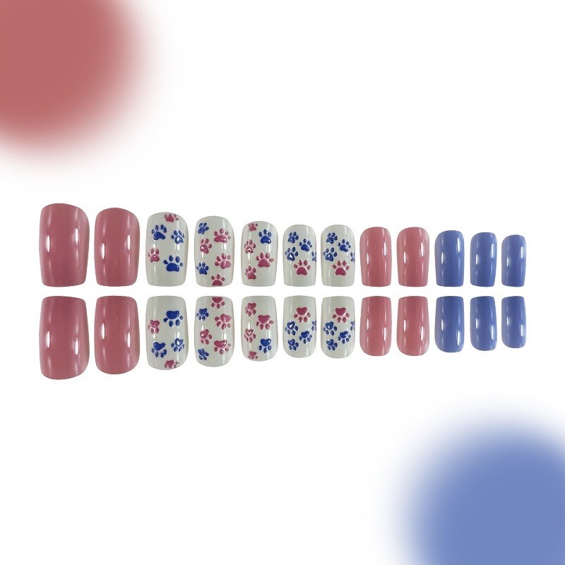 48 Pieces of Nail Gloss Finish, Cute Cat Paw Fake Nail Art in Pink and Purple