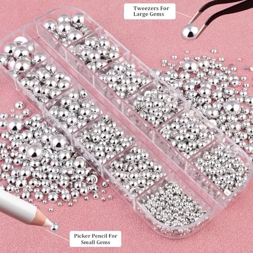 Belleboost Silver Nail Charms and Gems, Half Round Flatback A21 1 box silver