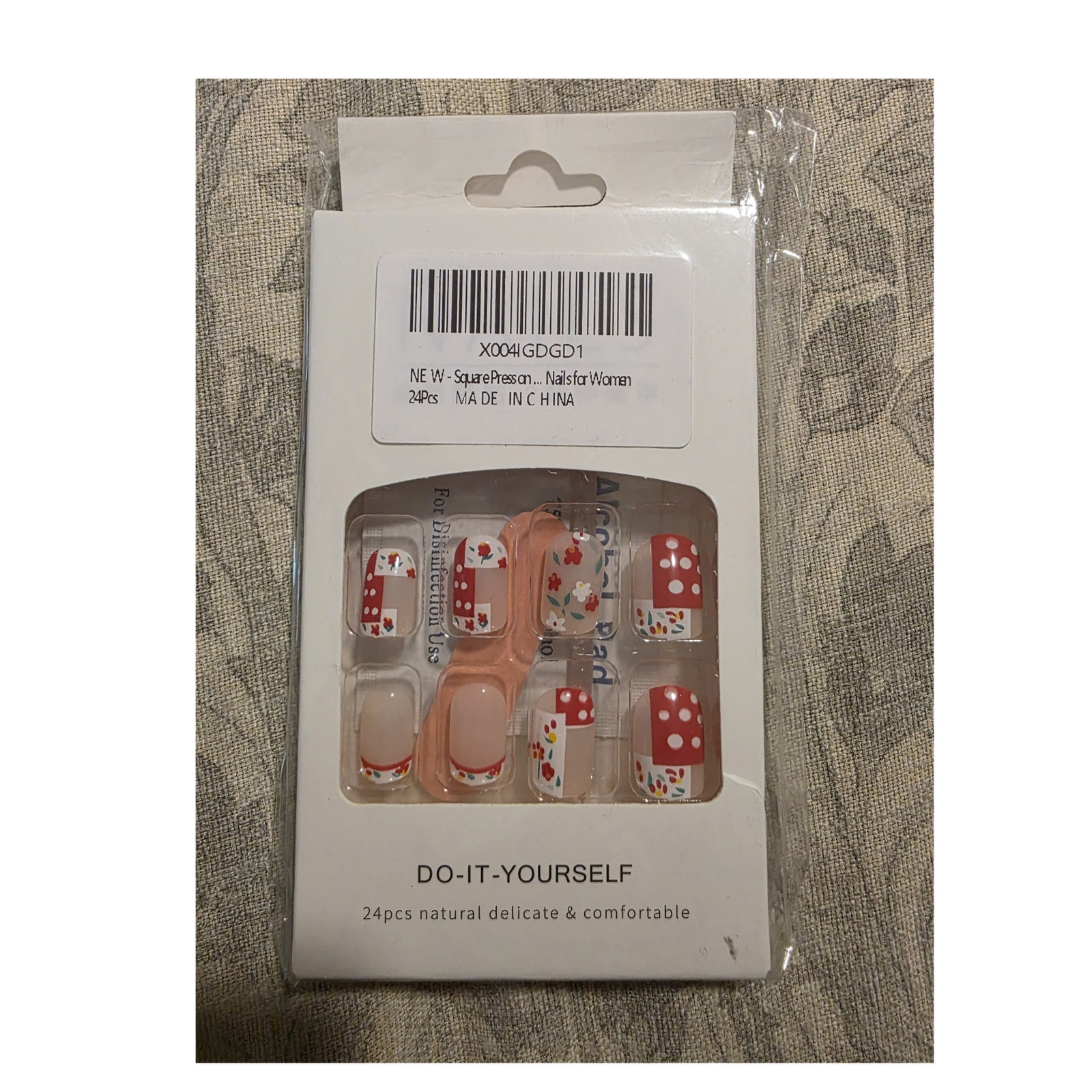 Press-On Nails Square Red White Multicolor Flower 3D French Full Cover 24pcs