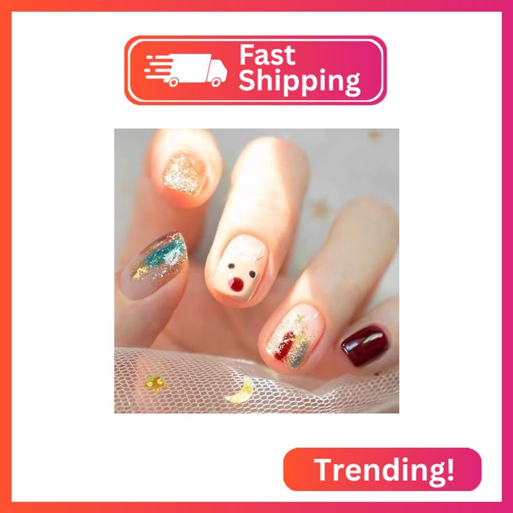 KKUUOO Short Christmas Press on Nails Cute Elk Design Fake Nail Colorful Glitter