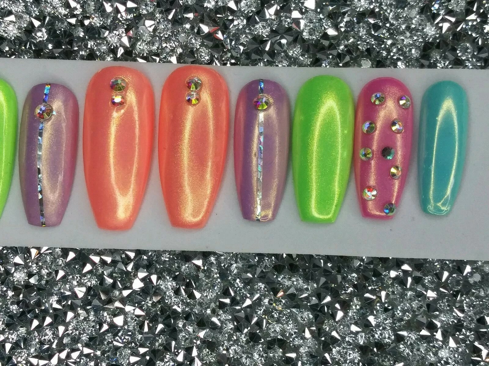 Colorful Rainbow bling gel press on nails crystal set w/ unicorn powder neon