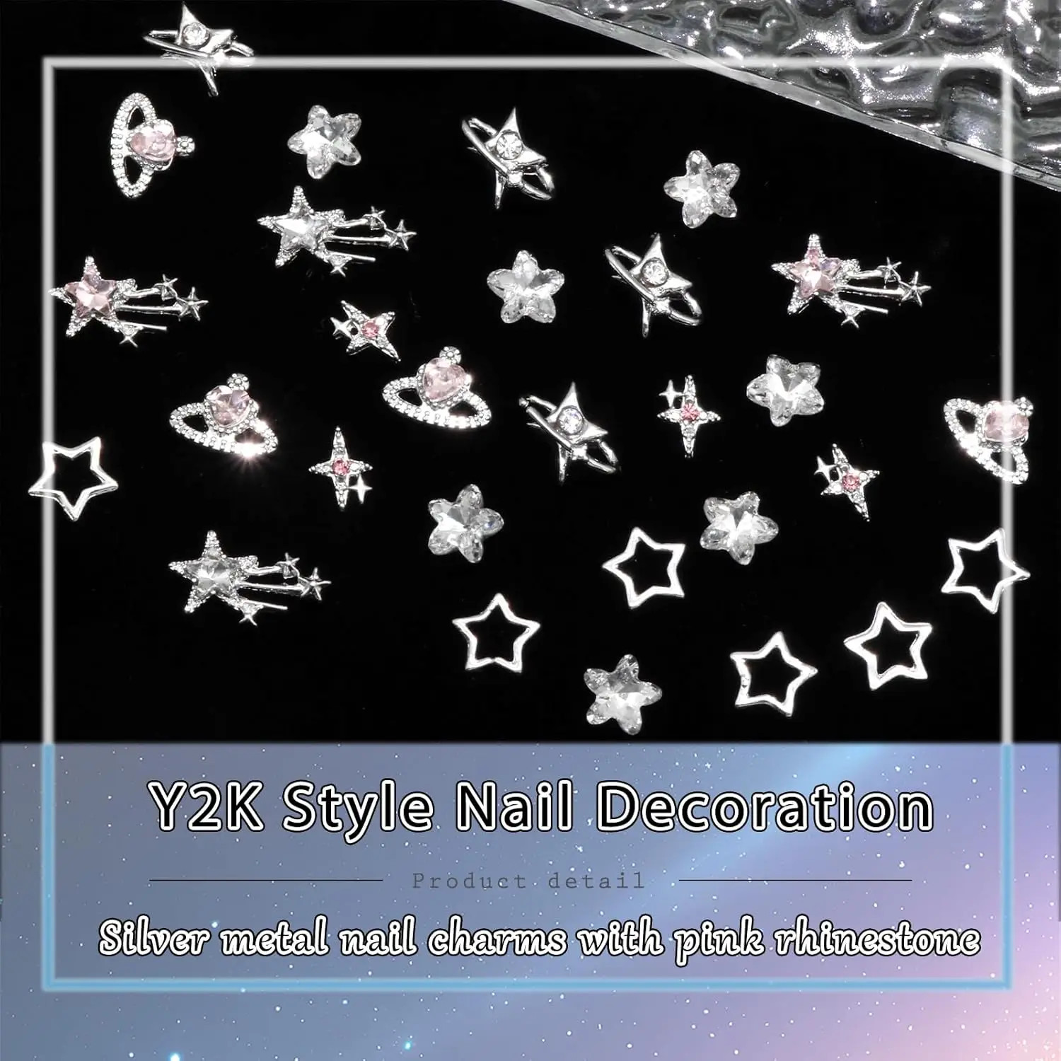 40PCS Y2K 3D Silver Star Nail Charms Pink Nail Rhinestone Multi Style Nail Art