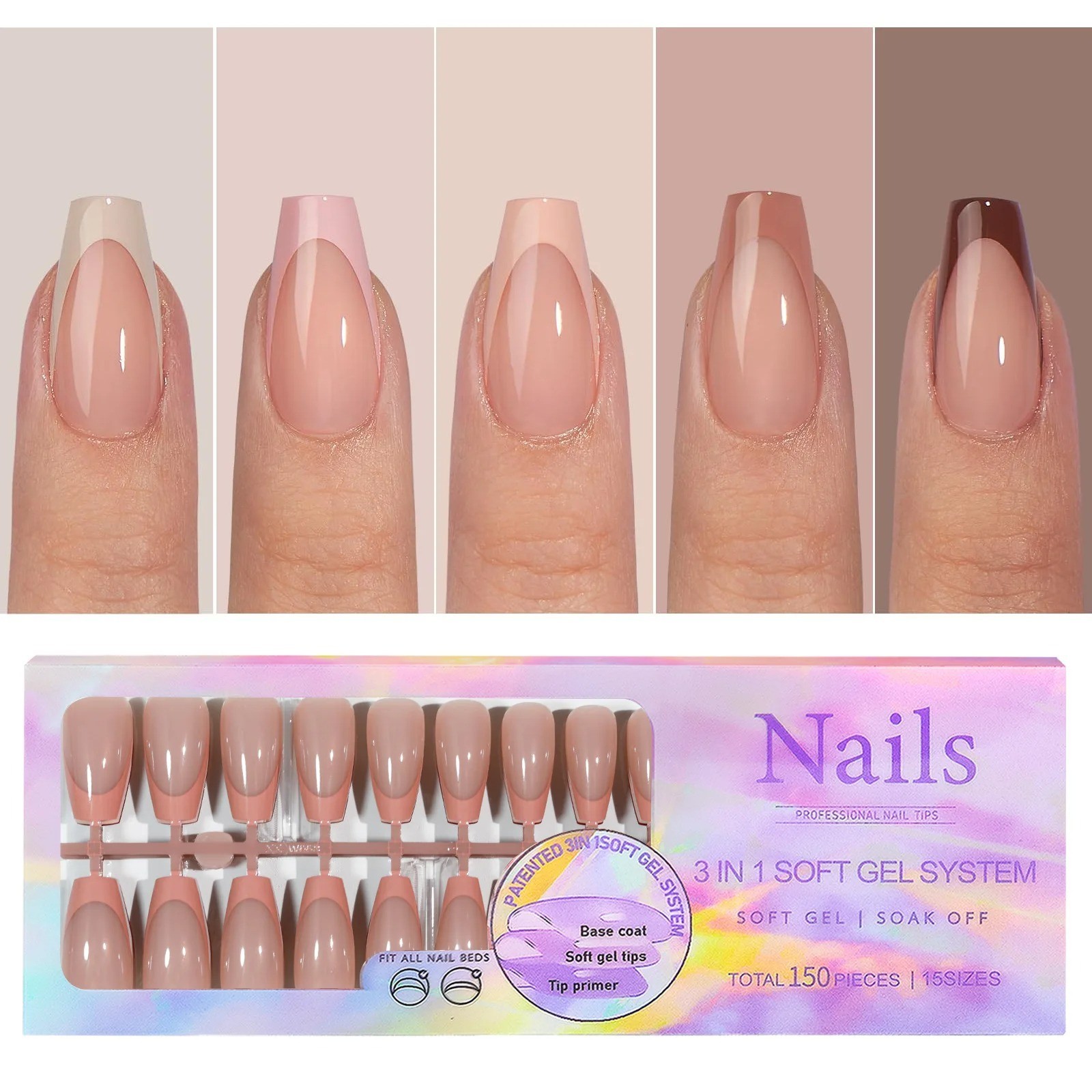 150pcs 6 Colors Fake Nail Multi-size False Nail Press On Acrylic Nails Almond Fr