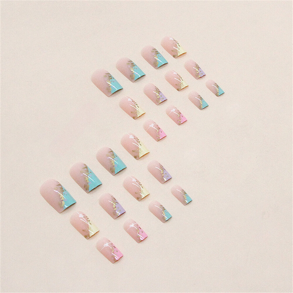 Rainbow False Nail Heart Medium Square Press on Nails for Nail Art 24pcs