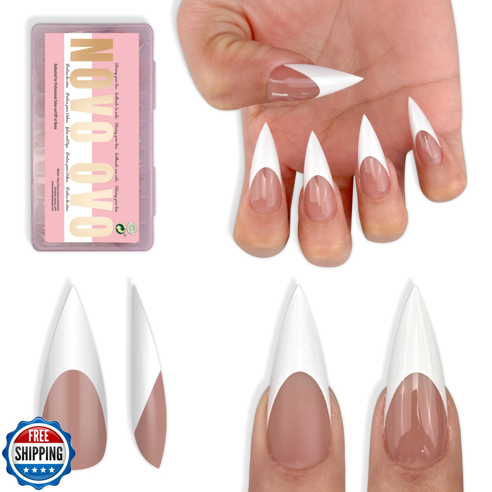 NOVO OVO Medium Long Sharp Stiletto Nail Tips (White French Tip) – Brown Pink…