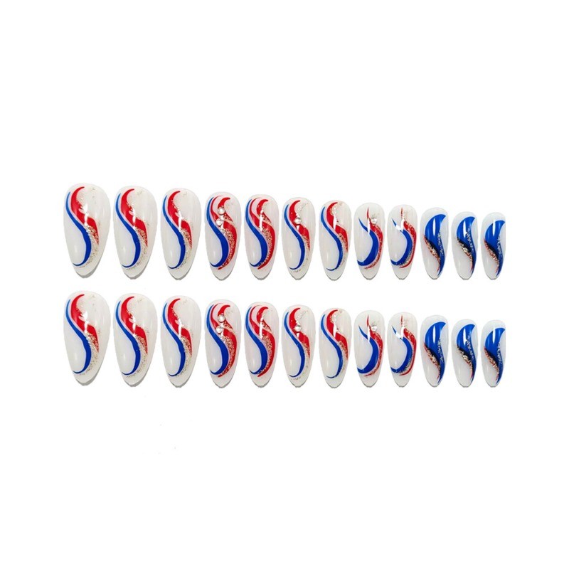 48 Pcs of Red and Blue Striped Round Head Almond Removable and Reusable Nail Art