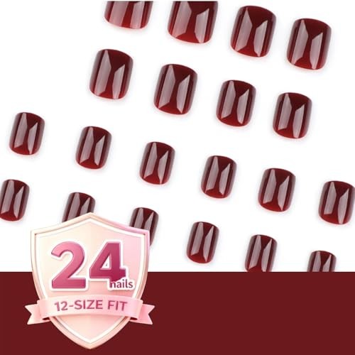 Burgundy Wine Red Short Press On Nails, Glossy Deep Red Fake Nails, Natural