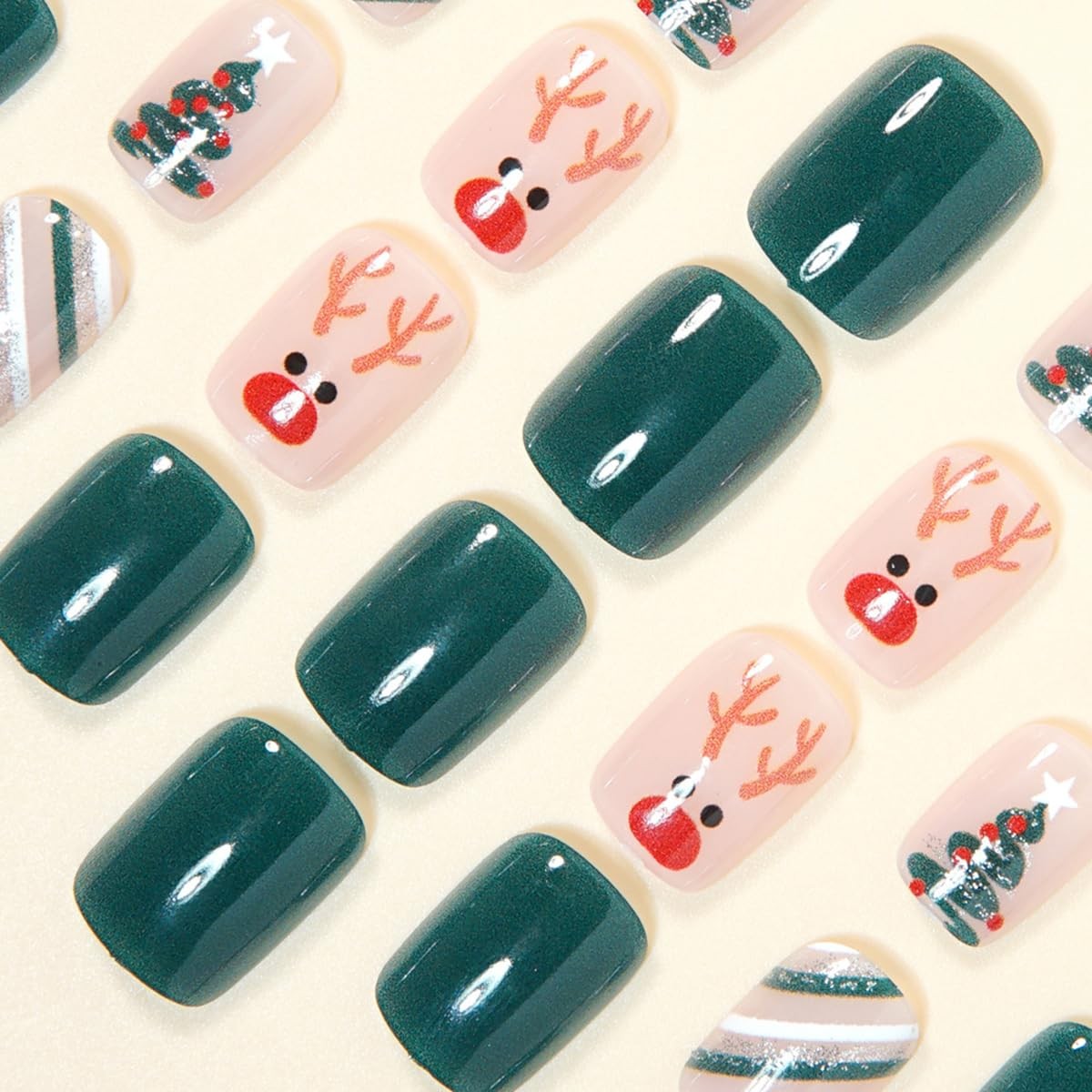 24Pcs Christmas Press on Nails Extra Short Square Green False Nails Nude Fake…