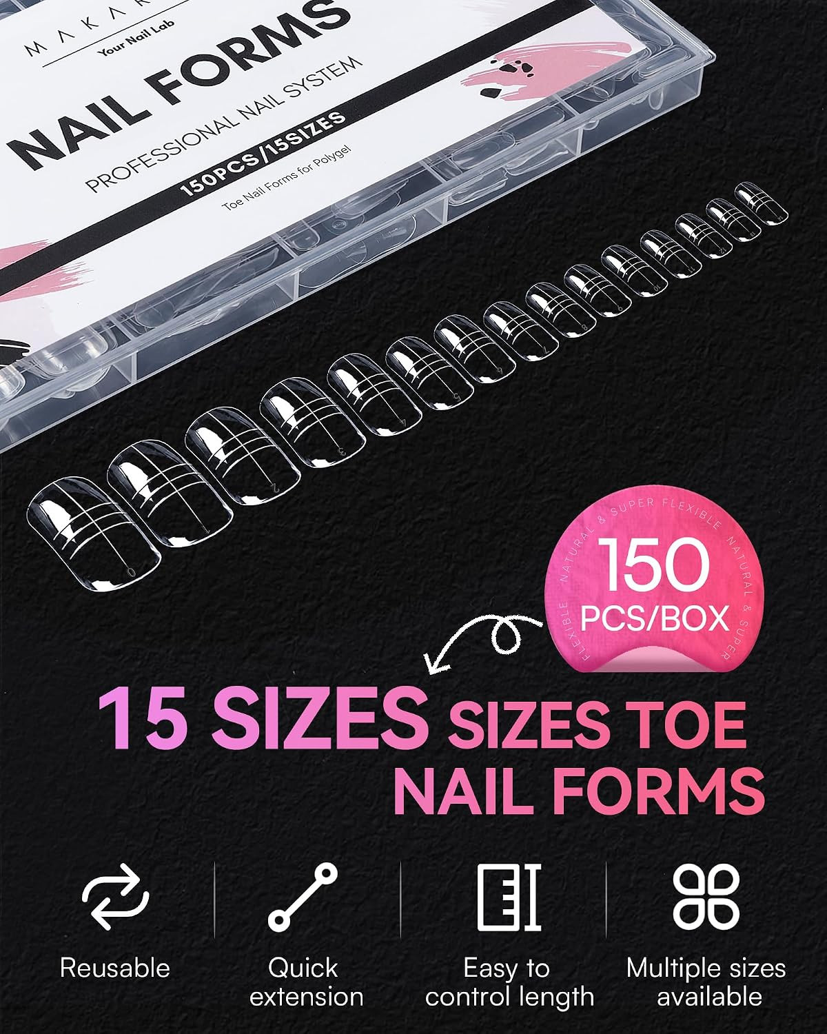Toe Dual Forms for Poly Nail Gel, 150PCS 15 Sizes Toenail Forms Molds with Lengt