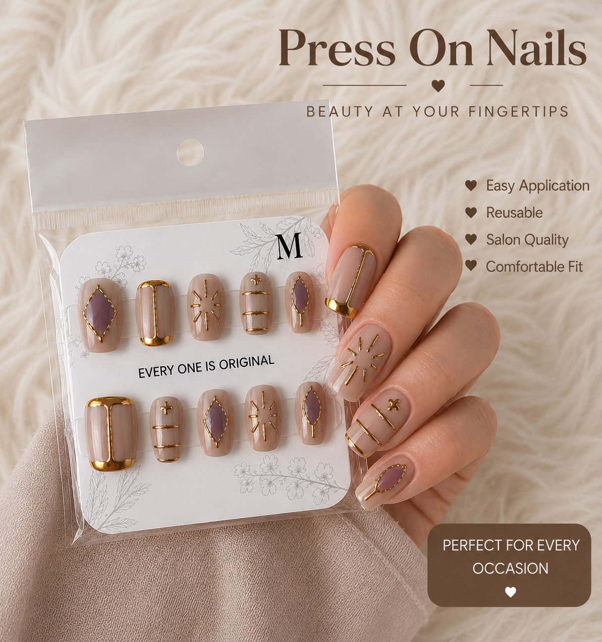 Glossy Nude Taupe Press On Nails | Square Gold Minimalist Nail Set – Medium