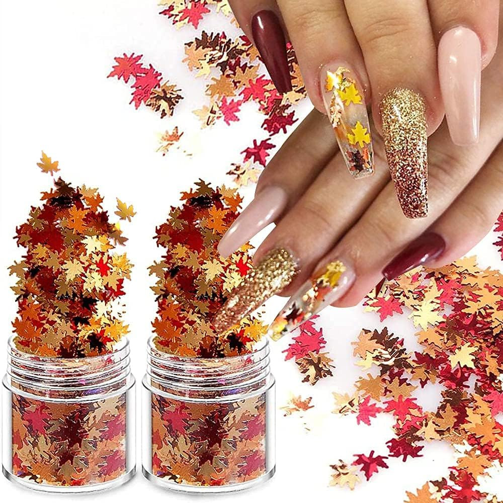 Holographic Glitters Fall Maple Leaf Shaped Nail Art Sequins Flakes 2 Pot, 3D Me
