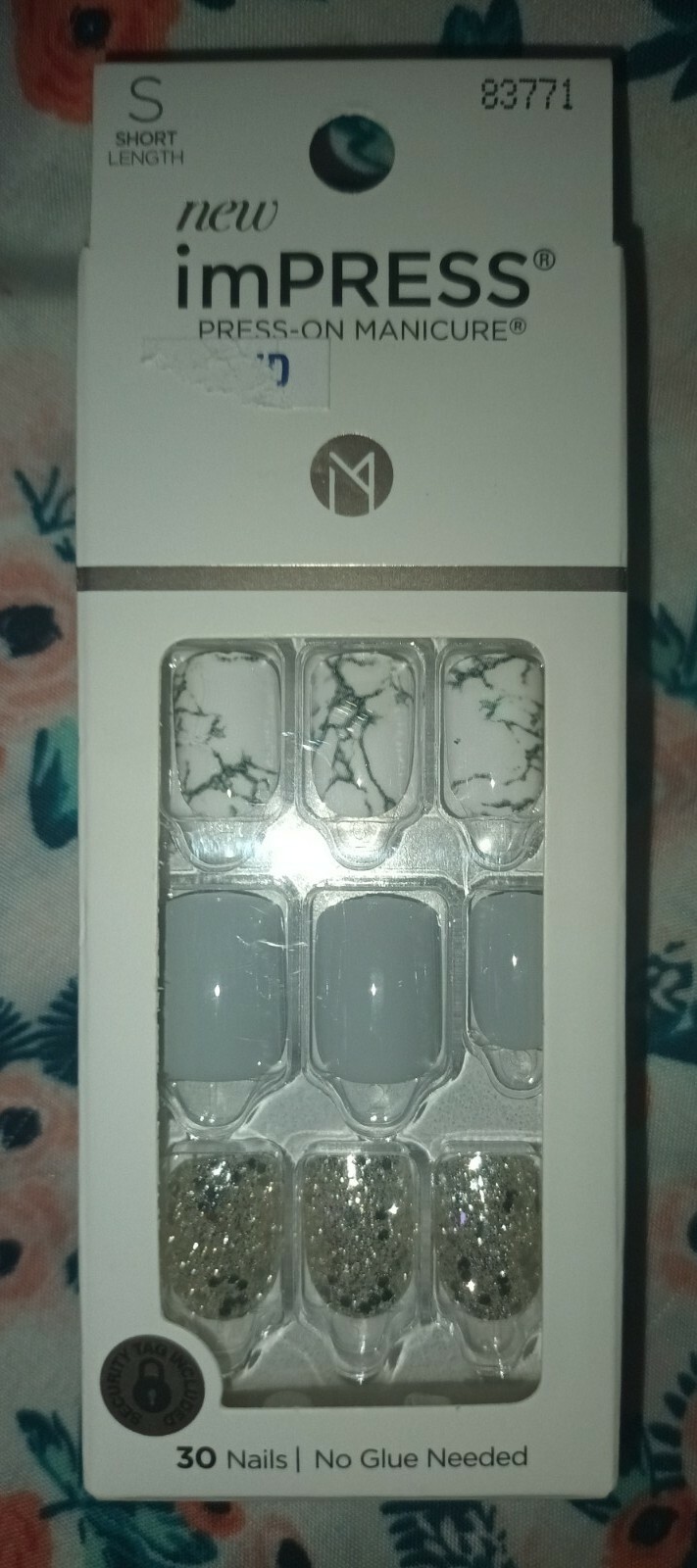Kiss Nails Impress Press On Manicure Short Gel White Marble Gray Silver Bling