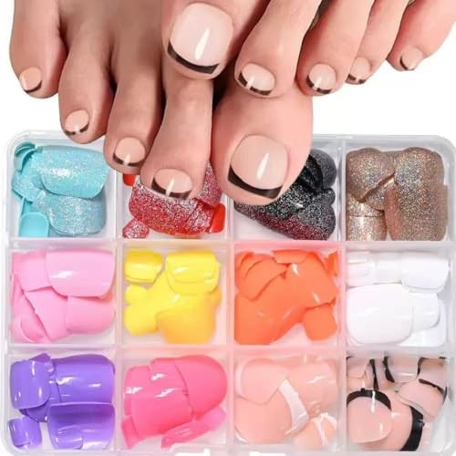 288 Pcs Short French Tip Press on Toenails, 12 Colors Square Normal Style07