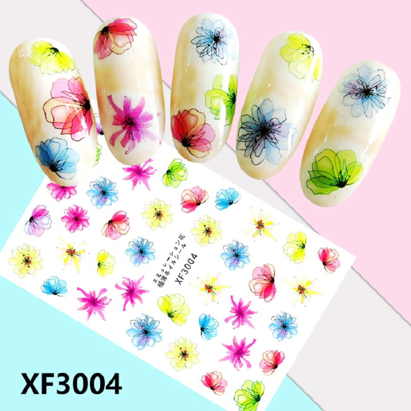 Nail Art 3D Decal Stickers beautiful pink blue yellow purple flower XF3004