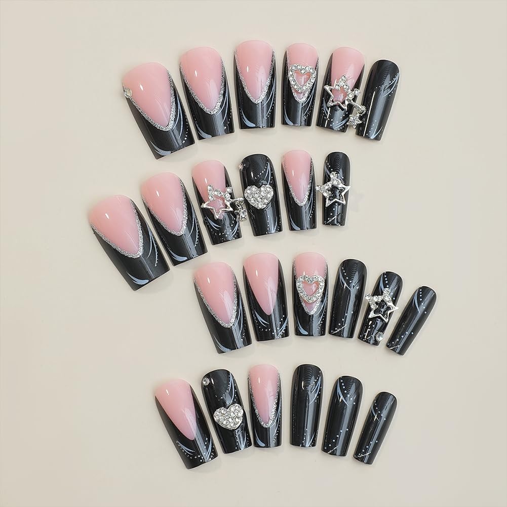 Long Press on Nails Black French Tip Long Fake Nail Coffin Press on Nails Squ…