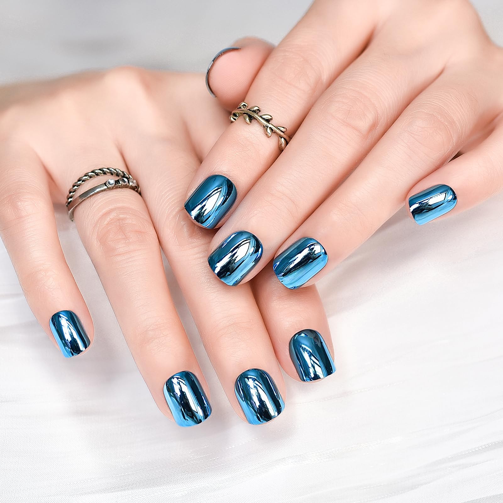 Press on Nails Metallic Mirror Bliue Fake Nail |UV Medium-short Square False …