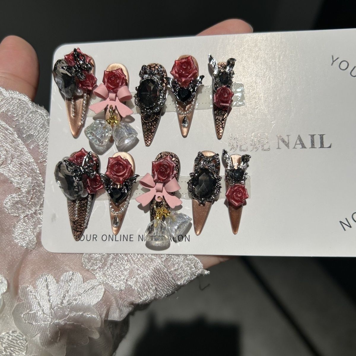 Gothic Cat Eye Rose Press On Nails Dark Handmade Detachable Design