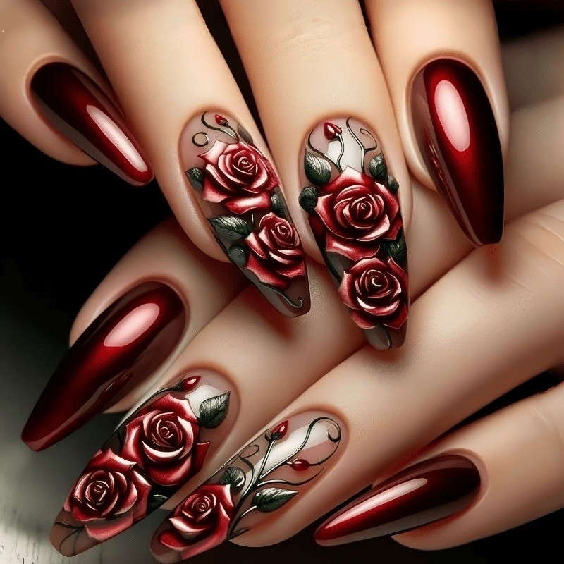 48 Valentine’s Day Rose Fake Nails – Removable Fake Nail Art, Suitable for Women