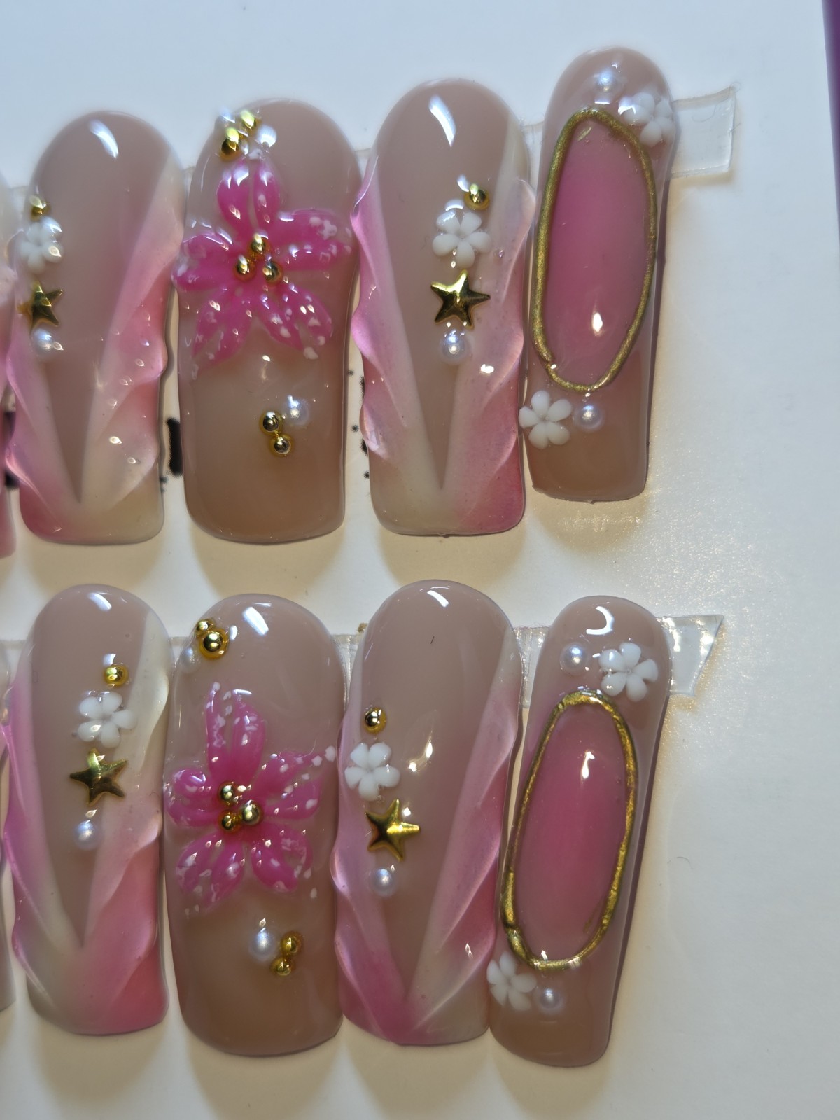 Press On Nails Handmade Medium Curvenails Nude Pink Themed Matching Flowers