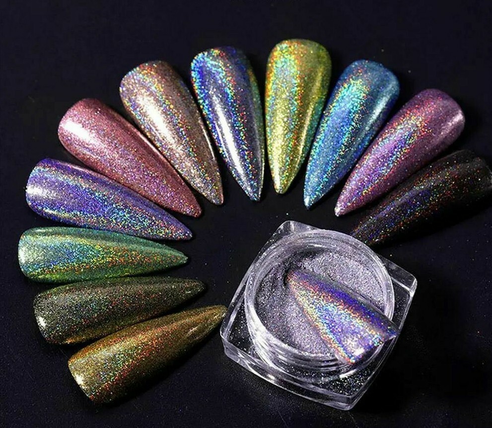 Holographic Nail Glitter Powder 4 piece SET Silver Grey Black Gold Unicorn Laser