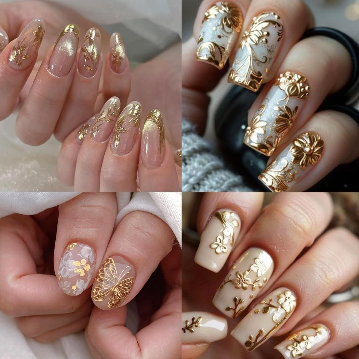 6 Sheets Gold 3D Nail Stickers Flower Leaf Nail Art Decals Self Adhesive Set 6