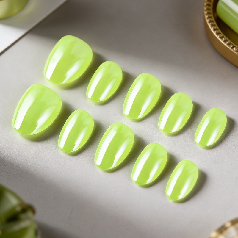 64pcs-Bright Yellow Green Press on Nails, Short Oval Neon Solid False Nails
