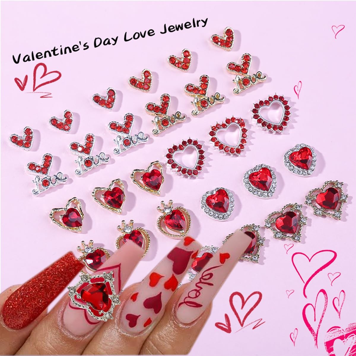 Valentines Nail Charms 22PCS Heart Rhinestone Nail Art Decorations