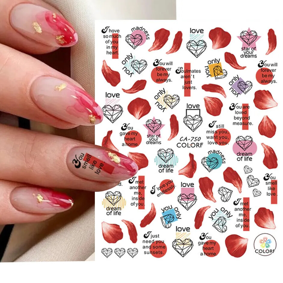 Nail Art Stickers Decals Transfers Valentines Day Pink Love Hearts Red Heart