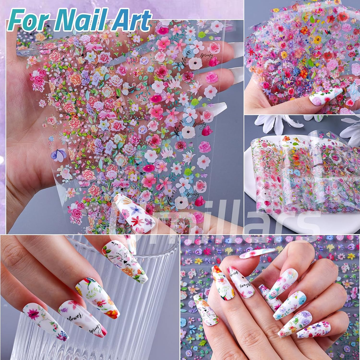 Flower Nail Foil Transfer Stickers, 10 Rolls Holographic Rose Camellia Floral Sp