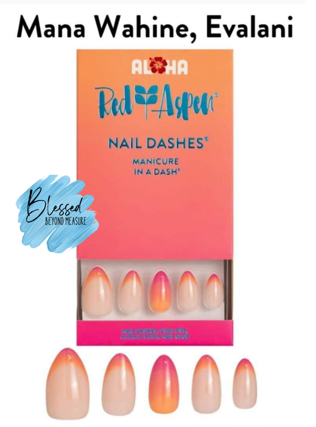 Red Aspen Press On Nails~Mana Wahine, Evalani ~Almond~Pink & Orange Ombre French
