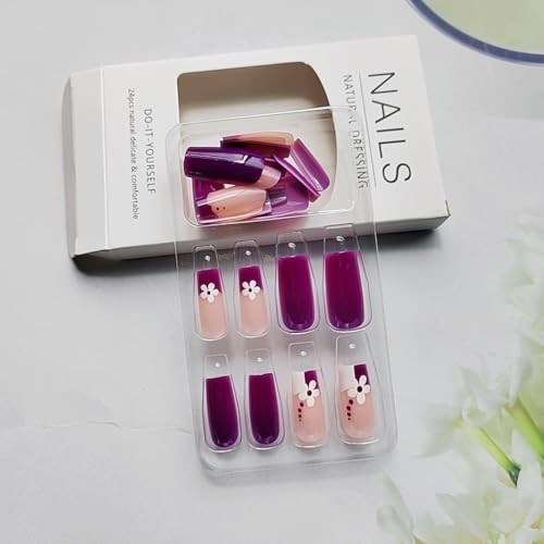 24Pcs Purple Press on Nails Medium Square French Fake Nails Press Design A12